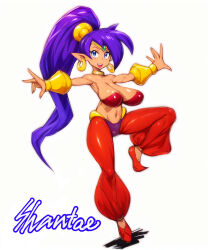 1girl 2025 alternate_breast_size armpits bare_shoulders blue_eyes bra breasts character_name commentary dark-skinned_female dark_skin earrings female_focus gold_choker harem_outfit harem_pants highres huge_breasts jewelry leg_up long_hair looking_at_viewer midriff miyawoo navel open_hands open_mouth outstretched_arms pants purple_hair red_bra red_pants red_shoes shantae shantae_(series) shiny_skin shoes simple_background solo standing standing_on_one_leg strapless tiara title tube_top underwear vambraces very_long_hair wayforward