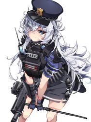 1girl :3 ammunition_pouch arm_armor armband armor assault_rifle bandaid bandaid_on_knee bandaid_on_leg baton_(weapon) black-framed_eyewear black_armor black_skirt blue_cape blue_gloves blue_hair blue_sleeves bulletproof_vest cape checkered_armband checkered_clothes checkered_hat chinese_commentary closed_mouth commentary_request crossed_bangs english_text eyewear_hang feet_out_of_frame from_above glasses gloves goddess_of_victory:_nikke gun hair_over_one_eye hat head_tilt holding_baton_(weapon) jibage light_blush long_hair looking_at_viewer looking_to_the_side looking_up loose_hair_strand messy_hair parted_bangs peaked_cap pencil_skirt petite poli_(nikke) police police_badge police_hat police_uniform policewoman pouch rifle short_sleeves shoulder_armor simple_background single_sidelock sitting skirt solo strap unworn_eyewear very_long_hair walkie-talkie weapon white_armband white_background white_hair