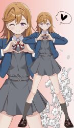 1girl absurdres ankle_socks blazer blonde_hair blush bow bowtie collared_dress cropped_jacket dress flat_chest full_body grey_socks heart highres jacket loafers long_hair looking_at_viewer love_live! love_live!_superstar!! one_eye_closed pleated_dress purple_eyes shibuya_kanon shoes smile socks solo spread_legs standing zaofeng
