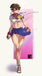 Rule 34 | 1girl, absurdres, bandaid, bandaid on face, blue sailor collar, blue skirt, brown eyes, brown hair, buruma, buruma under skirt, commentary request, fingerless gloves, full body, gloves, headband, highres, kasugano sakura, korean commentary, legs, looking to the side, mar10, navel, neckerchief, pleated skirt, red buruma, red gloves, red shoes, sailor collar, school uniform, serafuku, shoes, short hair, short sleeves, skirt, sneakers, solo, street fighter, white headband, yellow neckerchief