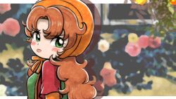 1girl absurdres artist_name blurry blurry_background blush_stickers bonnet border commentary curly_hair dragon_quest dragon_quest_vii dress flower green_eyes green_tabard highres long_hair looking_back looking_to_the_side maribel_(dq7) moyapippi orange_hair solo tabard tongue tongue_out upper_body white_border yellow_bonnet