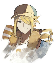 Rule 34 | 1boy, blonde hair, blue eyes, brown fur, closed mouth, collarbone, commentary request, cropped torso, fur trim, ginkgo guild uniform, hair over one eye, hat, highres, light smile, looking at viewer, male focus, multicolored hat, newsboy cap, nintendo, one eye covered, pokemon, pokemon legends: arceus, riku mochi00, simple background, solo, twitter username, volo (pokemon), white background
