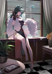 1girl absurdres astra_yao bare_legs breasts broken_glass broken_window chinese_clothes glass hairband highres holding holding_phone long_hair long_legs open_mouth phone photo_(object) qian_qian_qian red_eyes sitting solo table vase white_hairband zenless_zone_zero