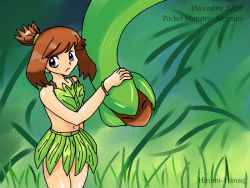 artist_name bare_shoulders bikini blue_eyes brown_hair child fang flat_chest gen_3_pokemon grass_skirt leaf_bikini legs may_(pokemon) midriff nature navel nintendo no_panties pokemon pokemon_(creature) pokemon_adventures thighs tropius wristband