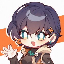1girl :d aqua_eyes belle_(zenless_zone_zero) black_shirt blue_hair bright_pupils chibi chibi_only crossed_bangs ear_piercing earrings hair_between_eyes hair_ornament hand_up hashtag-only_commentary hood hood_down hoodie jewelry letter_hair_ornament looking_at_viewer medium_hair mismatched_earrings mohu_116 multicolored_hoodie open_mouth orange_background outline piercing shirt sleeveless sleeveless_hoodie smile solo turtleneck turtleneck_shirt twitter_username two-tone_background upper_body waving white_background white_outline white_pupils zenless_zone_zero