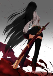 Rule 34 | 1girl, amputee, bandages, black hair, blood, female focus, from behind, highres, katana, ketchup, long hair, original, panties, pantyshot, pleated skirt, school uniform, serafuku, shimohigashi kanna, skirt, solo, standing, sword, thighhighs, underwear, upskirt, very long hair, weapon, white panties