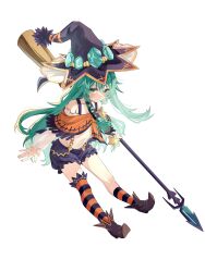 1girl asymmetrical_legwear bare_shoulders blush broom broom_riding brown_shoes date_a_live detached_sleeves full_body gem green_eyes green_gemstone green_hair hair_between_eyes hat highres kyouno_natsumi long_hair navel shoes shorts sidelocks solo star_(symbol) suspender_shorts suspenders tukaiwai uneven_legwear witch_hat