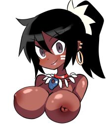 1girl atlus black_hair blush breasts brown_eyes dark-skinned_female dark_skin etrian_odyssey facial_tattoo highres jewelry large_areolae large_breasts looking_at_viewer medium_hair necklace nipples nude pink_lips ponytail sega shilleka smile solo tattoo tribal