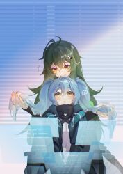 ! +++ 2girls absurdres antenna_hair arknights blue_hair blush coat crocodilian_tail doctor_(arknights) eye_contact female_doctor_(arknights) gavial_(arknights) green_eyes green_hair grin hair_ornament highres holding_another&#039;s_hair holographic_interface looking_at_another mask moozsilent mouth_mask multiple_girls open_mouth pointy_ears shirt sidelocks sitting slime_hair smile spoken_exclamation_mark standing tail twintails white_shirt yellow_eyes