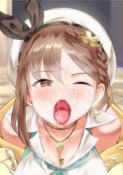 1girl absurdres atelier_(series) atelier_ryza atelier_ryza_2 ayanakitori bad_id bad_pixiv_id bare_shoulders blue_neckerchief blush braid breasts brown_eyes brown_hair cleavage collarbone cum cum_in_mouth cum_on_body cum_on_breasts cum_on_clothes cum_on_tongue cum_on_upper_body cumdrip facial female_focus french_braid hair_between_eyes hair_ornament hairclip hat highres jewelry key key_necklace large_breasts looking_at_viewer mouth_focus neckerchief necklace one_eye_closed open_mouth oral_invitation reisalin_stout shirt solo sweatdrop teeth tongue tongue_out upper_body uvula white_hat white_shirt