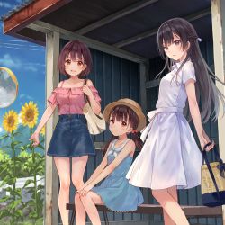 Rule 34 | 3girls, :d, bench, black hair, blue skirt, brown hair, brown hat, bus stop, cloud, collarbone, commentary request, cropped, day, denim, denim skirt, dress, flower, fukahire (ruinon), half updo, hands on own knees, hat, holding, long legs, looking at viewer, low twintails, multiple girls, off-shoulder shirt, off shoulder, open mouth, original, pocketbook, purple dress, shirt, short hair, short sleeves, siblings, sisters, sitting, skirt, sky, smile, standing, sundress, sunflower, twintails, white dress