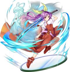 2girls ass belt boots bow bracelet breasts buttons character_request closed_eyes closed_mouth dress game_cg hair_ribbon hair_rings high_ponytail highres holding holding_sword holding_weapon interlocked_fingers jewelry katana long_hair looking_at_viewer loose_belt multiple_girls official_art own_hands_together ponytail puffy_short_sleeves puffy_sleeves purple_eyes purple_hair red_boots red_dress ribbon rotte_(1109) short_sleeves single_strap small_breasts smile sword third-party_source touhou touhou_lostword transparent_background very_long_hair watatsuki_no_yorihime weapon