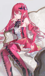 1girl absurdres baobhan_sith_(fate) baobhan_sith_(first_ascension)_(fate) boots breasts center_frills chinese_commentary commentary_request detached_sleeves dress fate/grand_order fate_(series) frilled_dress frills grey_eyes highres large_breasts long_hair long_sleeves milbi pink_hair pointy_ears red_boots red_dress red_nails solo thigh_boots tiara