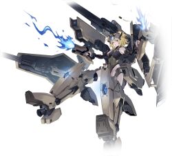 1girl bare_shoulders black_leotard blonde_hair blue_eyes bodysuit breasts cavalry_(starward) covered_navel dual_wielding fire firing full_body gun headgear holding holding_gun holding_weapon leotard mecha_musume medium_breasts missile missile_pod multiple_weapons official_art open_mouth personification rocket_launcher science_fiction short_hair shoulder_cannon solo starward thrusters transparent_background weapon