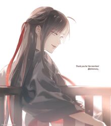 1boy ahoge black_hair black_hanfu blurry blurry_foreground chinese_clothes english_text eyelashes grey_eyes hair_down hair_ribbon half_updo hanfu light_particles long_hair long_sleeves looking_at_viewer looking_back male_focus modao_zushi official_alternate_hairstyle open_mouth railing red_ribbon ribbon robe serenity0712 sidelocks simple_background sitting smile solo twitter_username upper_body wei_wuxian wei_wuxian_(yiling_laozu) white_background wide_sleeves