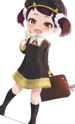 1girl arm_behind_back bag becky_blackbell black_dress black_hat black_socks blush brown_eyes brown_hair brown_shoes candy commentary dress eyelashes flat_chest food fufunoko hair_ornament hairclip hat holding holding_bag holding_candy holding_food legs long_sleeves looking_at_viewer medium_hair open_mouth red_ribbon ribbon scrunchie shirt shoes short_twintails smile socks solo spy_x_family standing twintails white_background white_scrunchie white_shirt