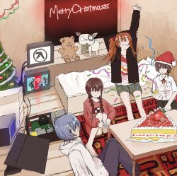 4girls :d =_= absurdres alternate_costume apex_legends aphex_twin asymmetrical_hair ayanami_rei barefoot bed blouse blue_hair blush braid brown_eyes brown_hair cake casual christmas_tree closed_eyes commentary computer crossover crt dennou_coil domain_(artist) english_commentary english_text food fruit hair_ornament hairclip hat highres hood hoodie indoors iwakura_lain knees_together_feet_apart long_hair looking_at_viewer madotsuki merry_christmas mixed-language_commentary monitor multiple_crossover multiple_girls neck_ribbon neon_genesis_evangelion on_bed open_mouth party_popper pathfinder_(apex_legends) red_ribbon ribbon rug santa_hat serial_experiments_lain shirt short_hair short_sleeves shorts sitting sleeves_past_wrists smile souryuu_asuka_langley strawberry strawberry_shortcake stuffed_toy sweater twin_braids white_shirt white_sweater yume_nikki