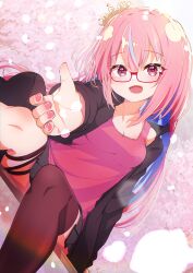 1girl :d absurdres asymmetrical_legwear black_jacket black_skirt black_thighhighs blue_hair blush breasts brown_thighhighs camisole cherry_blossoms cleavage collarbone commission crown dutch_angle feet_out_of_frame fingernails flower glasses hair_between_eyes highres jacket long_hair long_sleeves looking_at_viewer medium_breasts mini_crown multicolored_hair nail_polish on_bench open_clothes open_jacket open_mouth original outstretched_arm petals pink_camisole pink_flower pink_hair pink_nails pink_tank_top pleated_skirt purple_eyes reaching reaching_towards_viewer red-framed_eyewear red_eyes semi-rimless_eyewear shiro9jira shirt single_thighhigh sitting skeb_commission skirt small_breasts smile solo streaked_hair tank_top thighhighs two-tone_hair under-rim_eyewear very_long_hair
