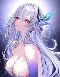 1girl absurdres bare_shoulders breasts cleavage closed_mouth commentary_request dress earrings elbow_gloves genshin_impact gloves hair_ornament highres jewelry large_breasts lips long_hair nemuaki purple_eyes purple_gloves skirk_(genshin_impact) solo upper_body very_long_hair white_dress white_hair