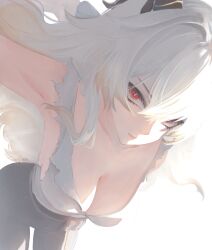 1girl absurdres bare_shoulders black_horns black_pants breasts closed_mouth collarbone commentary curled_horns cyansanu hair_between_eyes highres horns large_breasts long_hair looking_at_viewer pants red_eyes shirt signature solo torn_clothes torn_shirt white_hair white_shirt wuthering_waves zani_(wuthering_waves)