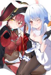 2girls :p ;d absurdres animal_ear_fluff animal_ears ascot belt bicorne black_coat black_gloves black_hat black_leotard black_pantyhose blue_hair braid breasts brooch brown_belt brown_thighhighs carrot_hair_ornament cleavage coat coat_dress commentary_request covered_navel cropped_jacket detached_sleeves don-chan_(usada_pekora) dress extra_ears food-themed_hair_ornament frilled_thigh_strap fur-trimmed_coat fur-trimmed_gloves fur_scarf fur_trim gloves gold_trim grin hair_ornament hair_ribbon hand_up hat heterochromia highres hikimayu holding holding_own_hair hololive houshou_marine houshou_marine_(1st_costume) jacket jewelry lapel_pin large_breasts leotard leotard_under_clothes long_hair looking_at_viewer miniskirt multicolored_hair multiple_girls off_shoulder one_eye_closed open_mouth orange_eyes pantyhose pirate_hat playboy_bunny pleated_skirt puffy_detached_sleeves puffy_short_sleeves puffy_sleeves rabbit-shaped_pupils rabbit_ears rabbit_girl red_ascot red_eyes red_hair red_jacket red_ribbon red_skirt ribbon scarf see-through_clothes see-through_leotard short_eyebrows short_sleeves sidelocks sitting sitting_on_lap sitting_on_person skirt sleeveless sleeveless_jacket sleeves_past_fingers sleeves_past_wrists small_breasts smile strapless strapless_leotard symbol-shaped_pupils tachibana_shiro thick_eyebrows thigh_strap thighhighs tongue tongue_out twin_braids twintails two-tone_hair usada_pekora usada_pekora_(1st_costume) virtual_youtuber white_coat white_hair white_scarf white_sleeves wide_sleeves yellow_eyes
