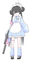 Rule 34 | 1girl, alternate costume, apron, bandaid, bandaid on leg, black hair, blue archive, blue jacket, blue skirt, closed mouth, cs/ls06, double bun, expressionless, frilled skirt, frills, full body, grey eyes, grey halo, gun, hair bun, halo, helical magazine, high-capacity magazine, highres, holding, holding weapon, jacket, jersey maid, kisaki (blue archive), leg warmers, long hair, looking at viewer, maid, maid apron, maid headdress, mary janes, name tag, qusouzu mogari, shoes, simple background, skirt, sleeves past fingers, sleeves past wrists, slit pupils, socks, solo, standing, submachine gun, suppressor, track jacket, twintails, unconventional maid, very long hair, weapon, white background, white socks