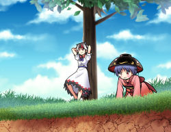 2girls all_fours arms_behind_head black_hair bow bowl cloud day dress grey_horns hat horns japanese_clothes kijin_seija kimono multicolored_hair multiple_girls purple_hair red_eyes red_hair satou_yuuki short_hair smile streaked_hair sukuna_shinmyoumaru touhou tree white_hair