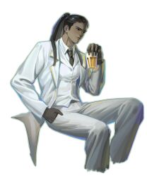 black_hair black_necktie collared_shirt cup dark-skinned_male dark_skin formal_clothes hair_slicked_back hand_in_pocket hand_up head_tilt high_ponytail highres holding holding_cup invisible_chair leaning_to_the_side library_of_ruina narrowed_eyes necktie olivier_(project_moon) ponytail project_moon serious shirt sitting suit white_shirt white_suit wuruko