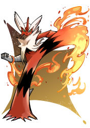 absurdres blaziken clenched_hand closed_mouth colored_sclera commentary_request creatures_(company) fire full_body furry game_freak gen_3_pokemon green_eyes highres itcat kicking mega_blaziken mega_pokemon nintendo pokemon pokemon_(creature) solo standing standing_on_one_leg yellow_sclera