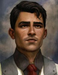 1boy absurdres arcane:_league_of_legends arcane_jayce brown_eyes brown_hair closed_mouth coat commentary english_commentary facial_hair highres jayce_(league_of_legends) league_of_legends looking_ahead male_focus necktie portrait red_necktie short_hair shuploc solo thick_eyebrows