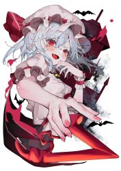 Rule 34 | 1girl, ascot, bat wings, blue hair, dress, hat, hat ribbon, highres, kararage tsune, looking at viewer, mob cap, pink dress, pink hat, reaching, reaching towards viewer, red ascot, red eyes, remilia scarlet, ribbon, scarlet devil mansion, short hair, simple background, smile, solo, spear the gungnir, touhou, white background, wings, wrist cuffs