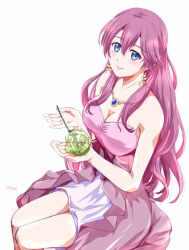 artist_name bare_shoulders blue_eyes crescent crescent_earrings double-parted_bangs dress earrings eiyuu_densetsu emma_millstein flower hair_between_eyes holding holding_flower jewelry long_hair looking_at_viewer origami paper_flower pendant pink_hair rose sen_no_kiseki sen_no_kiseki_(series) sen_no_kiseki_iv sideburns simple_background sitting smile strapless strapless_dress white_background white_flower white_rose xiacheng_tatsuya