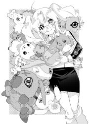 absurdres agumon blush border cowboy_shot culumon digimon digimon_recollection glasses greyscale guilmon halftone halftone_background heterochromia highres holding jacket keramon kuramon long_hair looking_at_viewer lopmon meicoomon monochrome nozomi_riko ookutsuwa_waga piyomon round_eyewear simple_background skirt solo_focus stuffed_animal stuffed_toy terriermon twintails ukkomon white_border wormmon