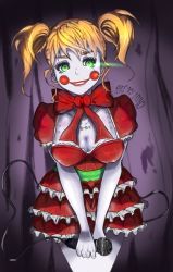 1girl blush_stickers bow bowtie breasts circus_baby_(fnaf) female_focus five_nights_at_freddy&#039;s five_nights_at_freddy&#039;s:_sister_location green_eyes holding holding_microphone looking_at_viewer mechabare microphone orange_hair robot short_hair skirt smile solo twintails