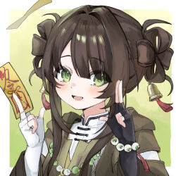 1girl :d bead_bracelet bead_necklace beads bell black_gloves black_hair blush border bracelet brown_hair fingerless_gloves four_leaf_clover_hairstyle gloves green_background green_eyes hair_intakes hair_rings hands_up highres holding hood jewelry long_sleeves looking_at_viewer necklace nijisanji ofuda open_mouth sidelocks smile solo susu_(virtuareal) talisman upper_body virtuareal wanede_dadangjia white_border