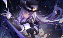 1girl black_boots black_hat black_pantyhose black_shorts black_vest blue_eyes boots dark_background detective_(silver_palace) fashi_laizi_weilai fedora female_detective_(silver_palace) floating_hair flower foot_out_of_frame from_above gloves hand_up hat highres long_hair looking_at_viewer pantyhose parted_lips purple_flower purple_hair red_pupils shirt shorts silver_palace solo v-shaped_eyebrows very_long_hair vest white_gloves white_shirt