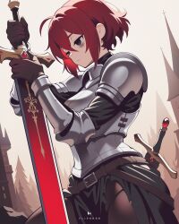 Rule 34 | 1girl, arm guards, armor, artist name, bags under eyes, belt, black eyes, bracer, brown gloves, closed mouth, commentary, crossed bangs, cuirass, double-parted bangs, empty eyes, english commentary, flipherrrr, from side, gloves, hair between eyes, highres, holding, holding sword, holding weapon, original, planted, planted sword, planted weapon, red hair, scabbard, sheath, short hair, shoulder armor, sidelocks, sitting, solo, sword, wariza, weapon