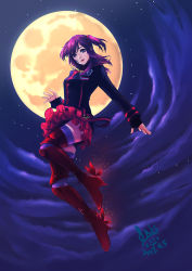 2017 black_jacket black_order_uniform boots d.gray-man dated floating_hair full_body full_moon hair_between_eyes iris@work jacket knee_boots layered_skirt lenalee_lee long_hair long_sleeves looking_at_viewer miniskirt moon night open_mouth outdoors outstretched_arm pleated_skirt purple_eyes purple_hair purple_thighhighs red_boots red_skirt signature skirt sky solo star_(sky) starry_sky thighhighs two_side_up zettai_ryouiki
