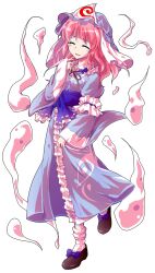 1girl alphes_(style) commentary_request dairi dress full_body ghost hand_fan hat highres parody pink_eyes pink_hair saigyouji_yuyuko short_hair smile solo style_parody tachi-e touhou transparent_background triangular_headpiece wide_sleeves