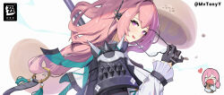 1girl :q armor artist_name black_gloves chibi dress_shirt eating glasses gloves hair_between_eyes highres holding holding_removed_eyewear long_hair looking_at_viewer pink_eyes pink_hair ring_hair_ornament shirt shoulder_armor sidelocks simple_background smile solo tongue tongue_out tony_maverick tsukishiro_yanagi unworn_eyewear upper_body white_shirt zenless_zone_zero