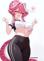 ! !! 1girl alternate_costume angry animal_ear_fluff animal_ears artist_name black_pants blush breasts clenched_hands commentary cowboy_shot cropped_shirt double-parted_bangs extra_ears fang hair_bun hair_intakes highres hololive hololive_english large_breasts looking_at_viewer medium_hair meichan midriff multicolored_hair navel_peek open_mouth panther_ears panther_girl panther_tail pants pink_hair raora_panthera shirt shirt_overhang short_sleeves sidelocks simple_background single_hair_bun solo spoken_exclamation_mark sportswear standing streaked_hair sweat sweatdrop tail underboob updo v-shaped_eyebrows virtual_youtuber white_background white_hair white_shirt yellow_eyes yoga_pants