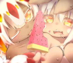 1girl 2others :3 absurdres bare_shoulders blonde_hair blurry blush bright_pupils claws closed_mouth collarbone commentary_request dark-skinned_female dark_skin depth_of_field drooling faputa film_grain food food_bite food_on_face grey_hair hand_on_another&#039;s_hand hands_up highres holding holding_food holding_popsicle horizontal_pupils licking looking_at_food looking_at_viewer made_in_abyss medium_hair mouth_drool multicolored_hair multiple_others nanachi_(made_in_abyss) open_mouth popsicle potapon pov pov_hands screentones shared_food streaked_hair tongue tongue_out topless_female upper_body watermelon_bar white_fur white_hair white_pupils yellow_eyes yellow_pupils