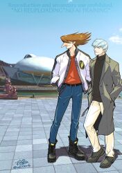 2boys albert_heinrich big_nose black_shirt blue_pants blue_sky coat cyborg cyborg_009 dragon-inn full_body grey_coat grey_hair hands_in_pockets highres jet_link long_hair multiple_boys orange_hair pants red_shirt shirt short_hair sky white_coat white_pants