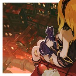 Rule 34 | 1girl, apple, bare shoulders, black scarf, blonde hair, cat, copyright name, dark-skinned female, dark skin, dress, dusty (gravity daze), food, fruit, full body, gravity daze, hairband, highres, kitten (gravity daze), long hair, mossan351, scarf, sitting, strapless, vambraces