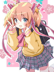 Rule 34 | 1girl, akayama yukihe, bag, blonde hair, blush, bow, bowtie, cardigan, dress, fang, green eyes, hair ornament, hair ribbon, highres, kamikita komari, key (company), little busters!, medium hair, open mouth, pink bow, plaid clothes, plaid skirt, pleated dress, rabbit pin, ribbon, school bag, school uniform, skirt, smile, solo, star (symbol), star hair ornament, v