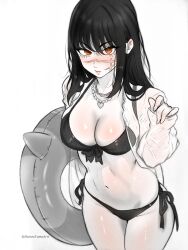 1girl artist_name bikini black_bikini black_hair breasts chainsaw_man cleavage closed_mouth commentary_request cowboy_shot front-tie_bikini_top front-tie_top hand_up harutoyumaarts heart heart_necklace highres holding holding_swim_ring innertube jewelry long_hair looking_at_viewer medium_breasts navel necklace open_clothes orange_eyes partially_colored scar scar_on_face side-tie_bikini_bottom simple_background sleeves_past_wrists solo standing swim_ring swimsuit swimsuit_cover-up twitter_username yoru_(chainsaw_man)