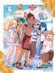 3boys 3girls alolan_form alolan_vulpix armpits ash_ketchum black_hair blonde_hair blue_eyes dark-skinned_female dark-skinned_male dark_skin fgay gen_1_pokemon gen_7_pokemon green_hair highres ichi_(pikapikapocket) kiawe_(pokemon) lana_(pokemon) lillie_(pokemon) mallow_(pokemon) multiple_boys multiple_girls nintendo no_nipples orange_hair pants pectorals pikachu pokemon pokemon_(anime) pokemon_sm_(anime) ponytail primarina shorts skirt sleeveless sophocles_(pokemon) togedemaru topless_male tsareena turtonator