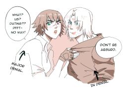 1boy 1girl black_gloves black_hair black_shirt dante_(devil_may_cry) devil_may_cry_(series) fingerless_gloves gloves green_eyes heterochromia highres jumpoon lady_(devil_may_cry) lipstick_mark red_eyes scar scar_on_face scar_on_nose shirt sketch speech_bubble white_hair white_shirt