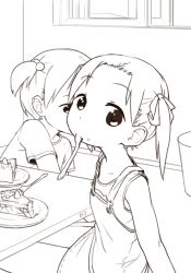 2girls cake cake_slice child cream cream_on_face denim denim_skirt flat_chest food food_on_face fork fruit hair_bobbles hair_ornament hair_ribbon ichigo_mashimaro itou_chika lineart looking_at_viewer matsuoka_miu mouth_hold multiple_girls orz_(orz57) plate prostration ribbon shirt short_hair short_twintails sitting skirt solo_focus strawberry strawberry_shortcake suspenders t-shirt table tank_top twintails
