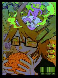 Rule 34 | 4boys, barcode, black border, blush, border, brain, brown hair, commentary, english commentary, gakuran, glasses, gloves, hands up, highres, holding brain, jewelry, looking at viewer, luther von ivory, male focus, milkymilkyshark, multiple boys, multiple rings, randal&#039;s friends, randal ivory, ring, school uniform, sebastian de tomato smith chicken legs, short hair, tsukada satoru